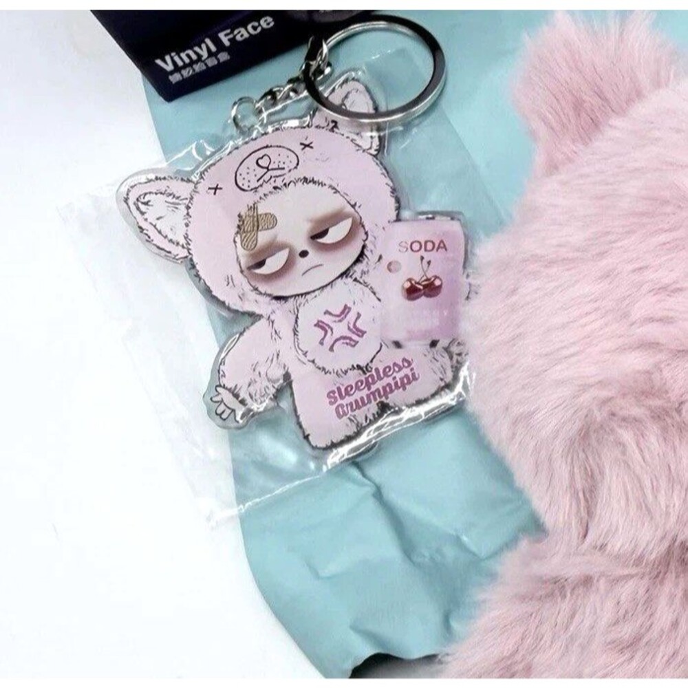 Sleepless Grumpipi Vinyl Face Plush Pendant Pink Keychain Card Confirmed QI QI - Picture 4 of 14